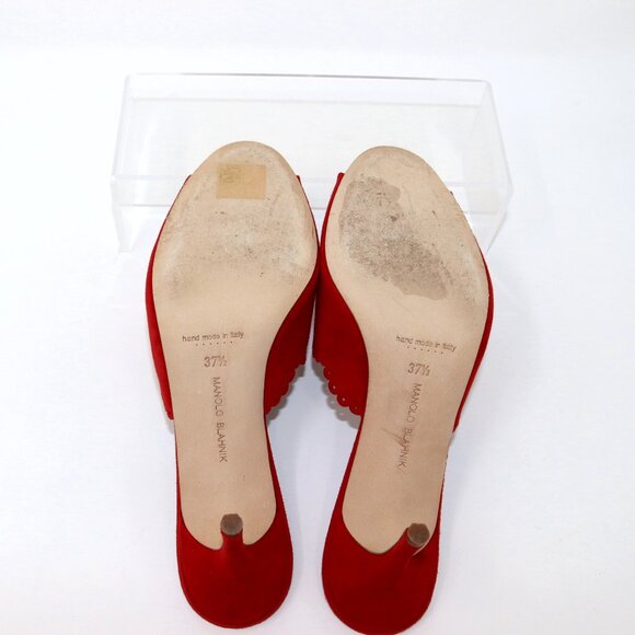 Manolo Blahnik 37.5 Scallop Lace Edge Red Suede Sandal Mule Heel - Picture 8 of 10